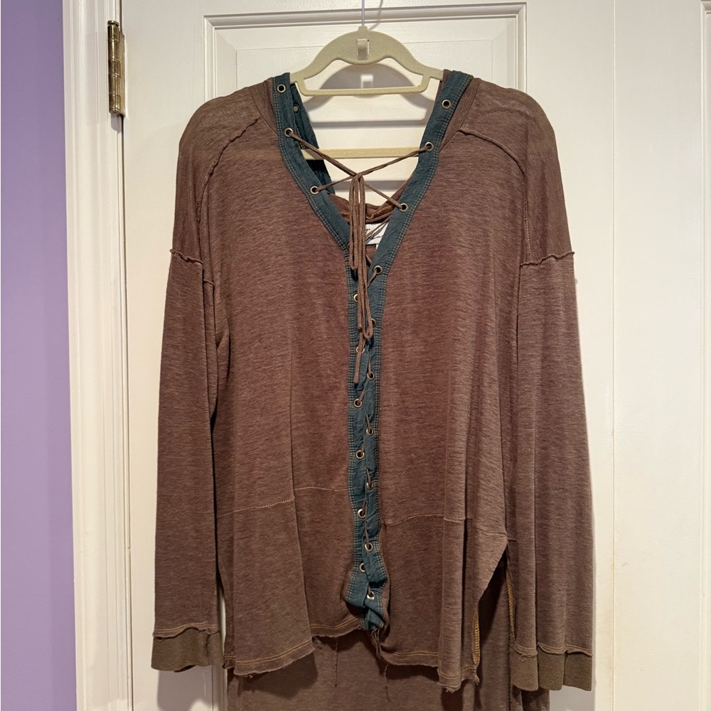 Vintage Havana Brown Blouse with Teal Lace-Up